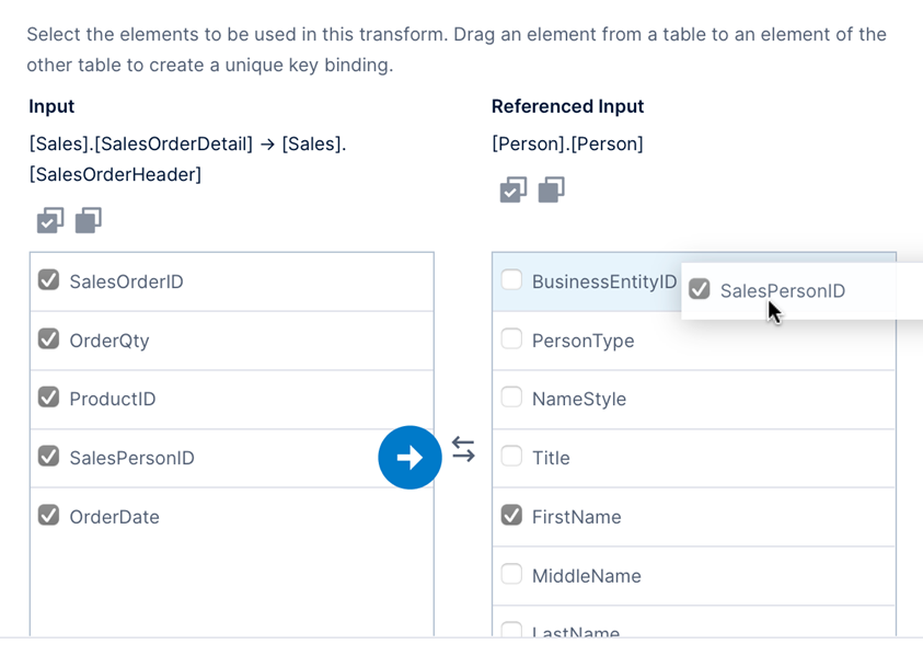 Dragging SalesPersonID onto the matching column on the right
