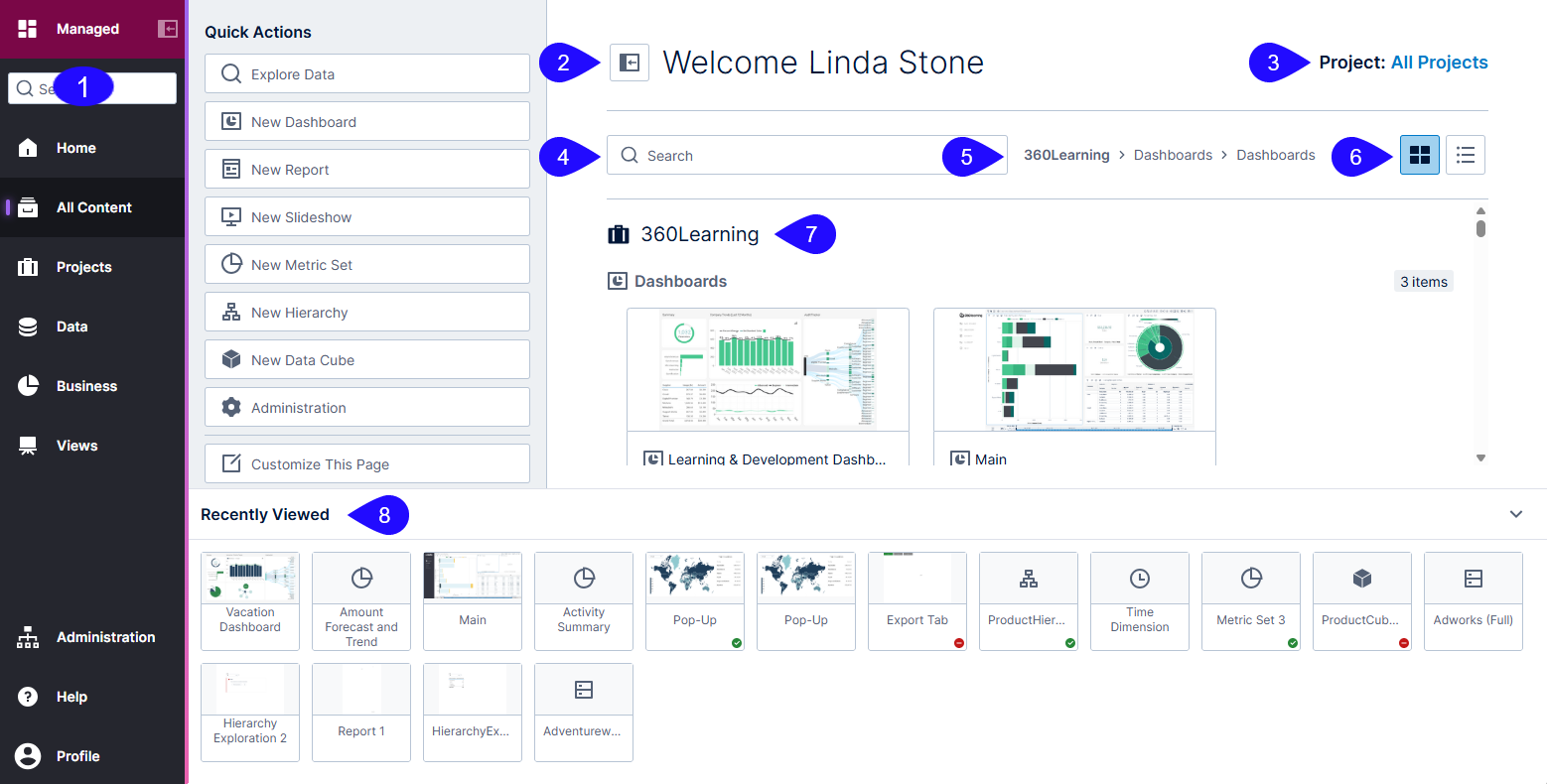 access all your content from this work area, or select a quick action