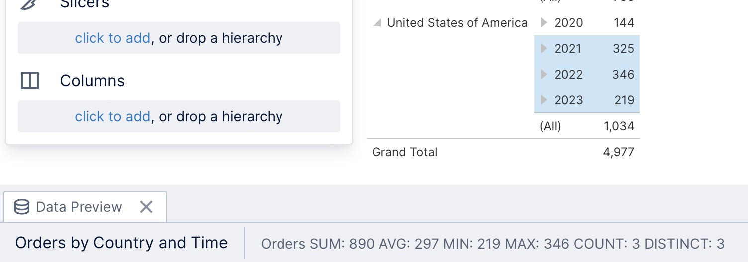 Status bar data summary for selected data in a table
