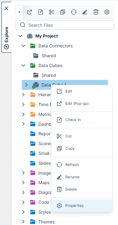 Launching the Properties dialog for a data cube