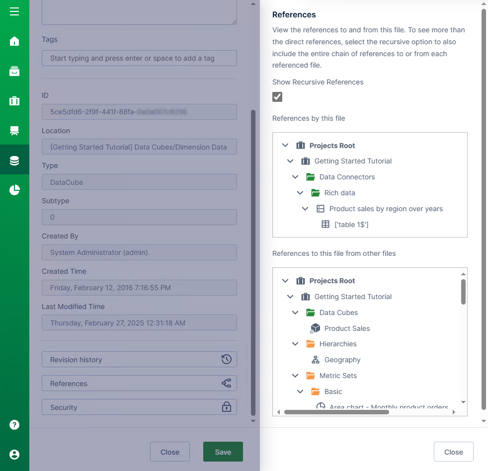References dialog for a data cube