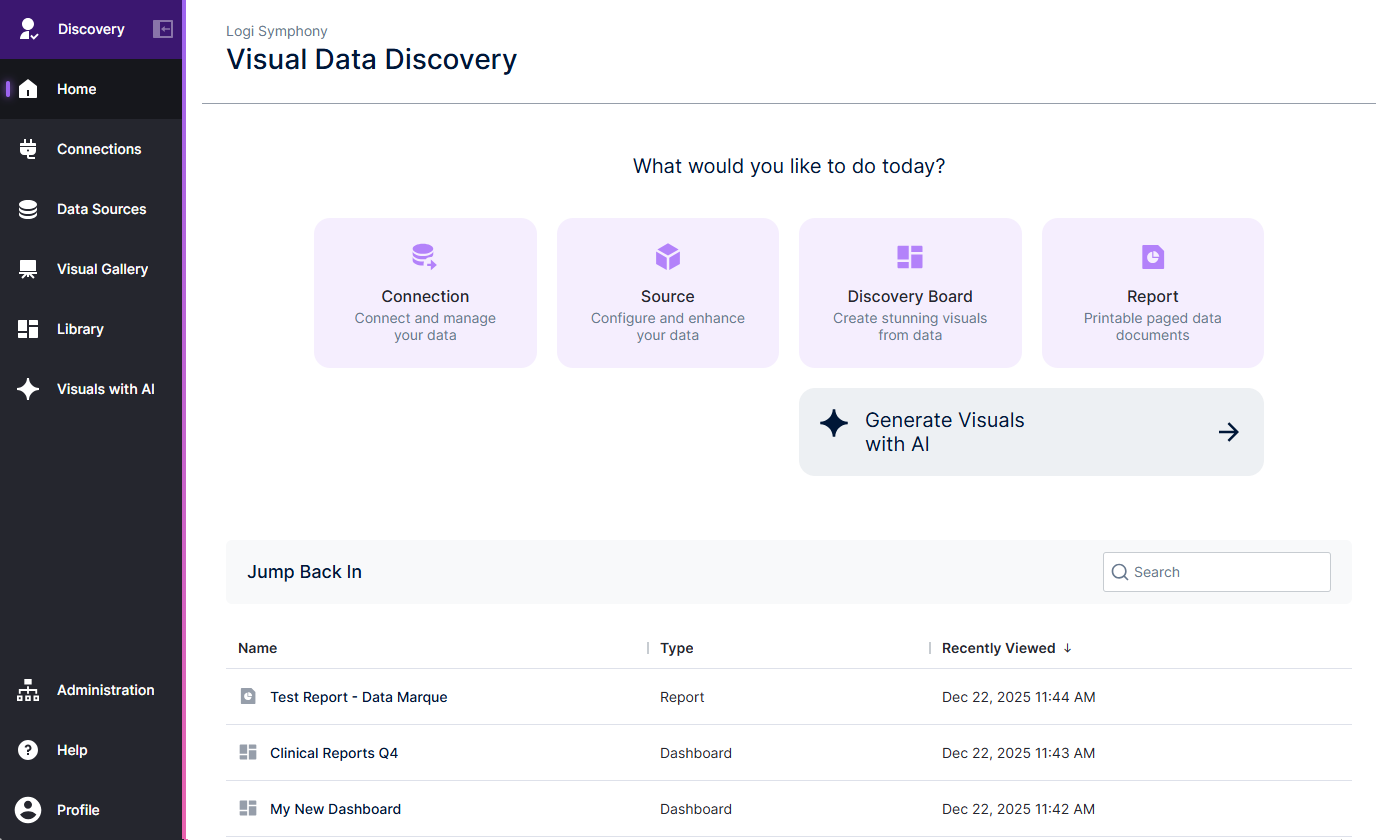 Use the home page to select an area of Symphony Visual Data Discovery to work in, or jump back in to recently accessed items