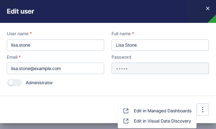 Edit basic user information, or select an option to edit more details in the appropriate module