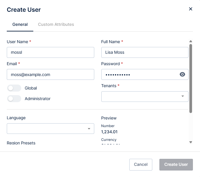 create a new user associated with a tenant