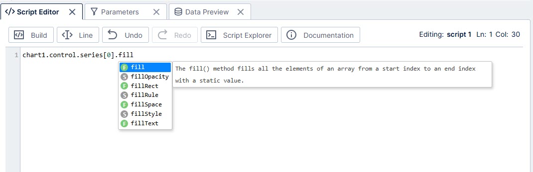 Auto-complete popup showing a chart series' properties and methods with descriptions