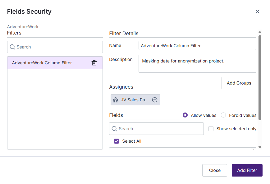 modify a column filterin the fields security work area here