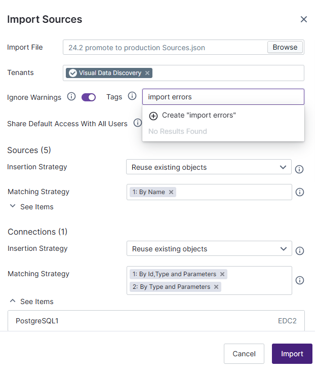 Use this work are to define what JSON file to import, for which tenants, using what insertion strategies, tags, and access