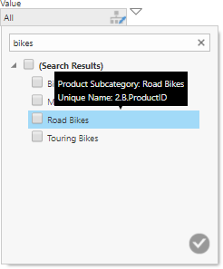 Tooltip shows the hierarchy level of the search result item