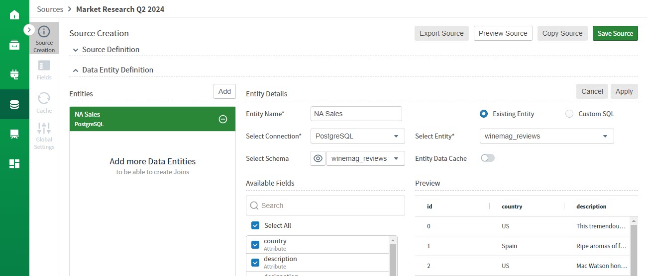 use this work area to define one or more data entities to create your source