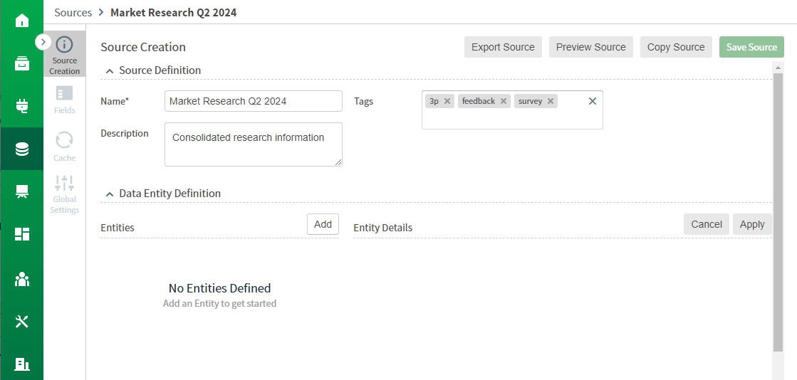 use this work area to name your source and define the data entities that make it up