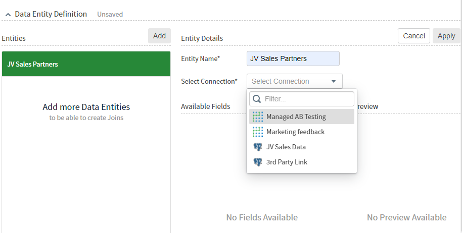 Use this work area to add one or more data entities to your data source.