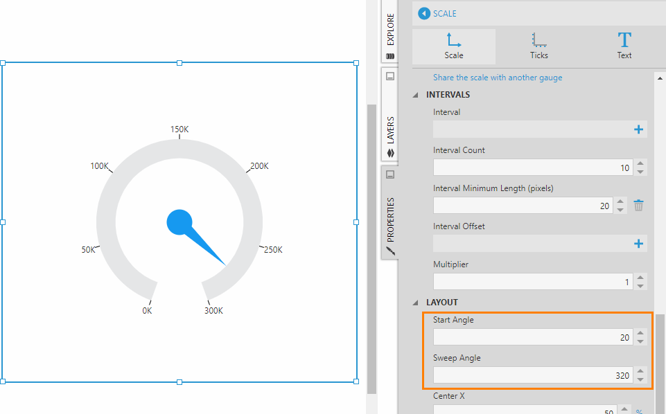 Start and Sweep Angle properties for a scale