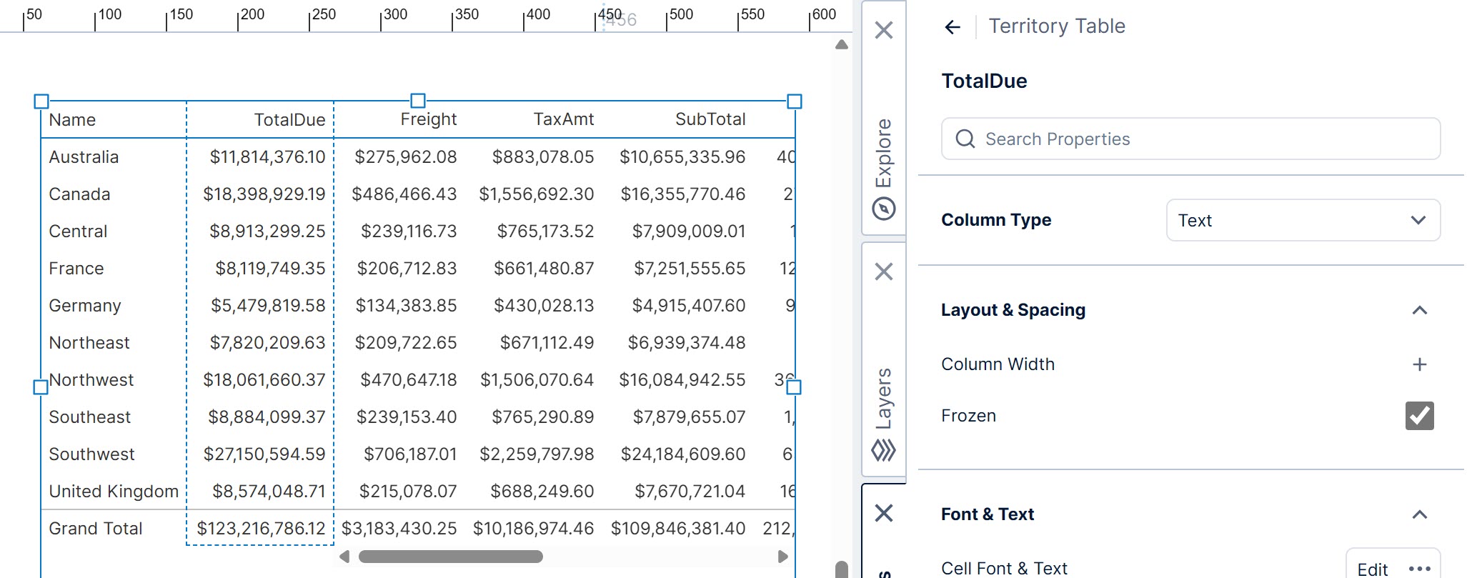 Frozen column property
