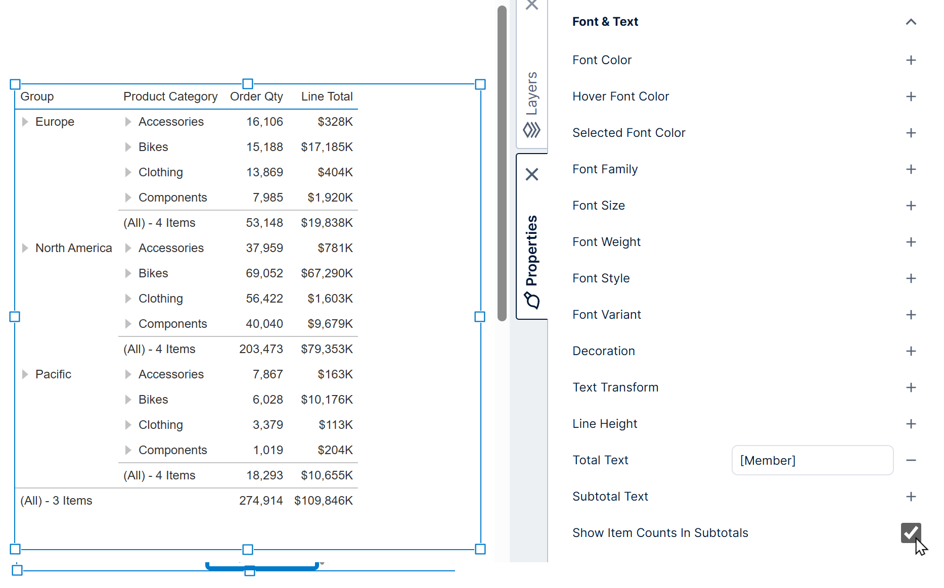 Show the item counts in subtotal text