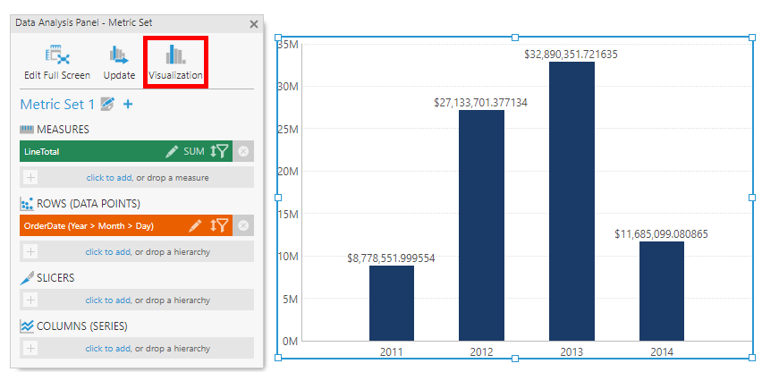 Click Visualization to view and edit settings for this visualization instance