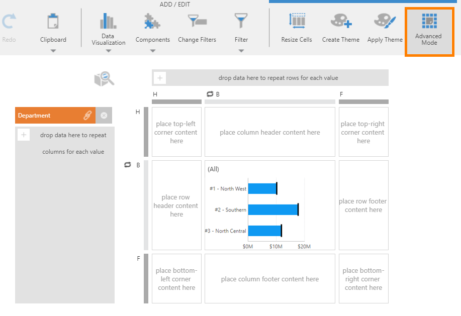 Click Advanced Mode to use headers, footers, and corners