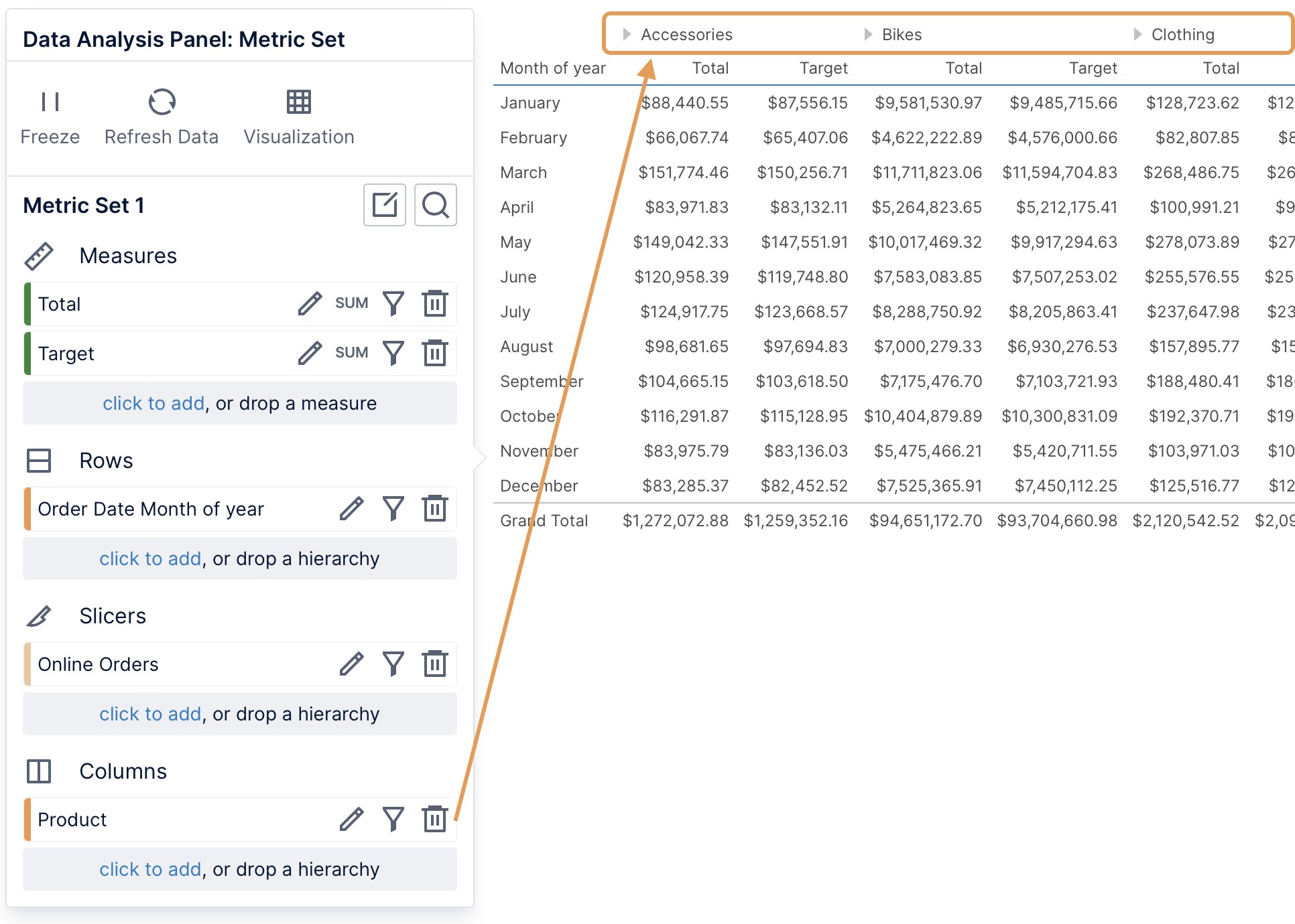  Column hierarchy values in a table visualization 