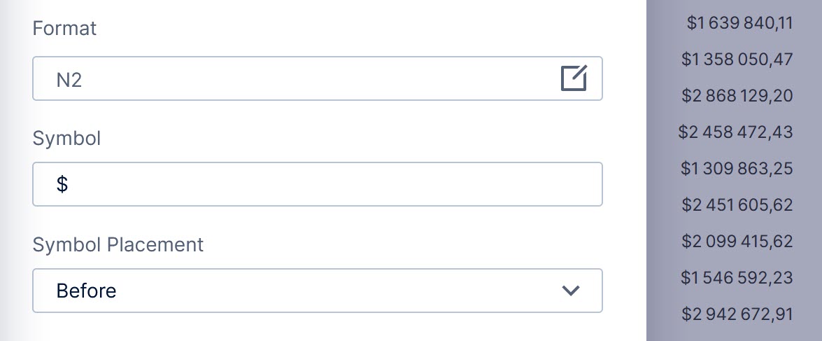 Specify the symbol&nbsp;placement for non-currency formats
