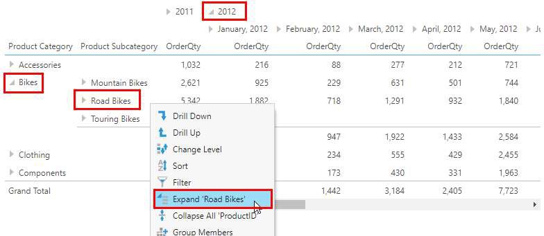 Tables have expander buttons in addition to context menu options