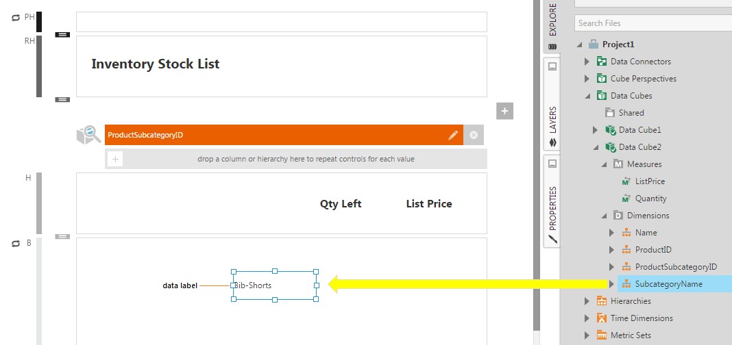 Using a data label to display Product hierarchy values in a report