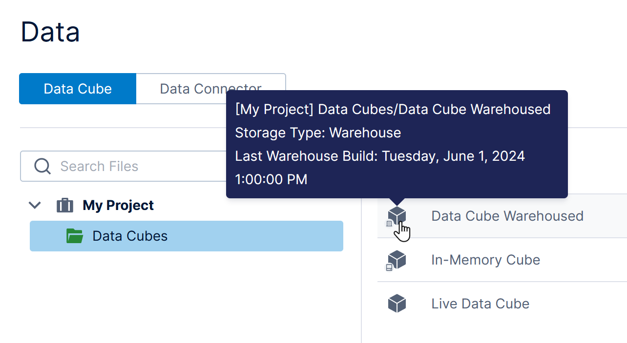 Data cube icon and tooltip indicates warehouse storage