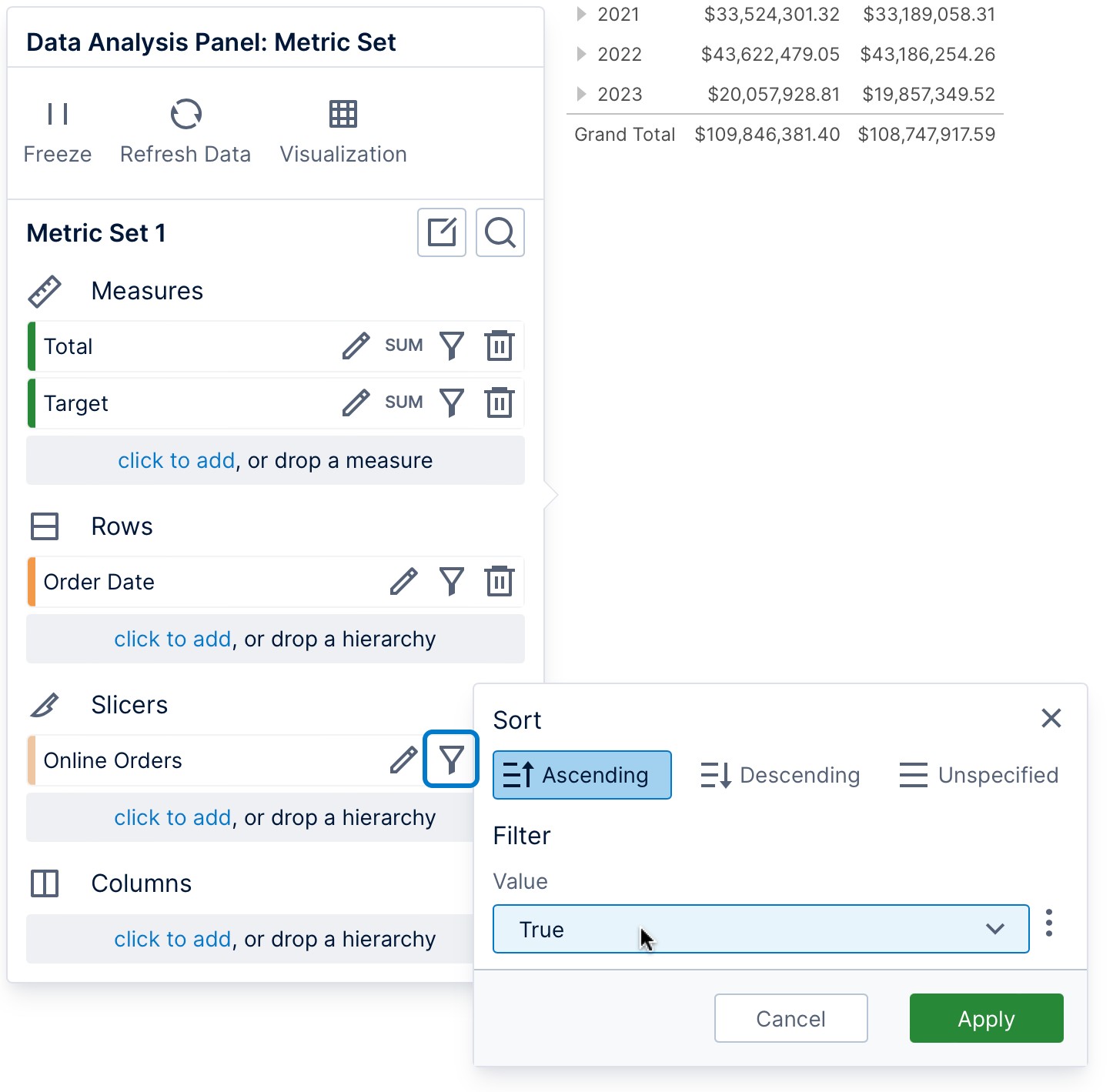  Row hierarchy values in a bar chart 