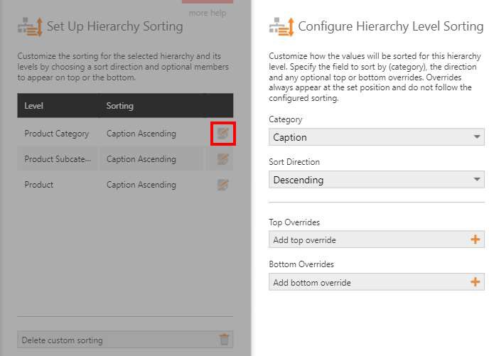 Configure Hierarchy Level Sorting dialog