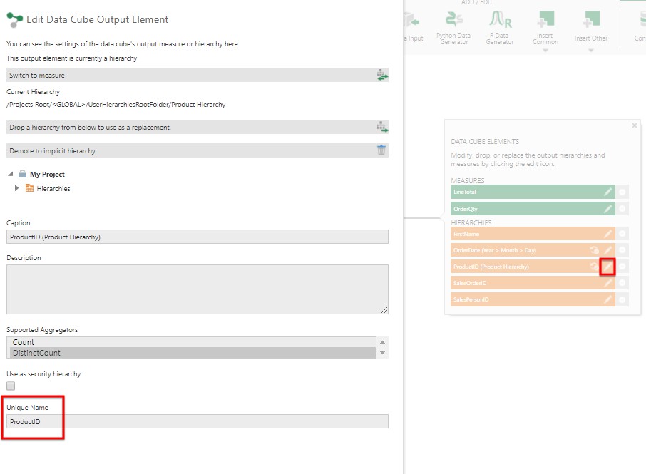 Set the hierarchy unique name in the data cube 