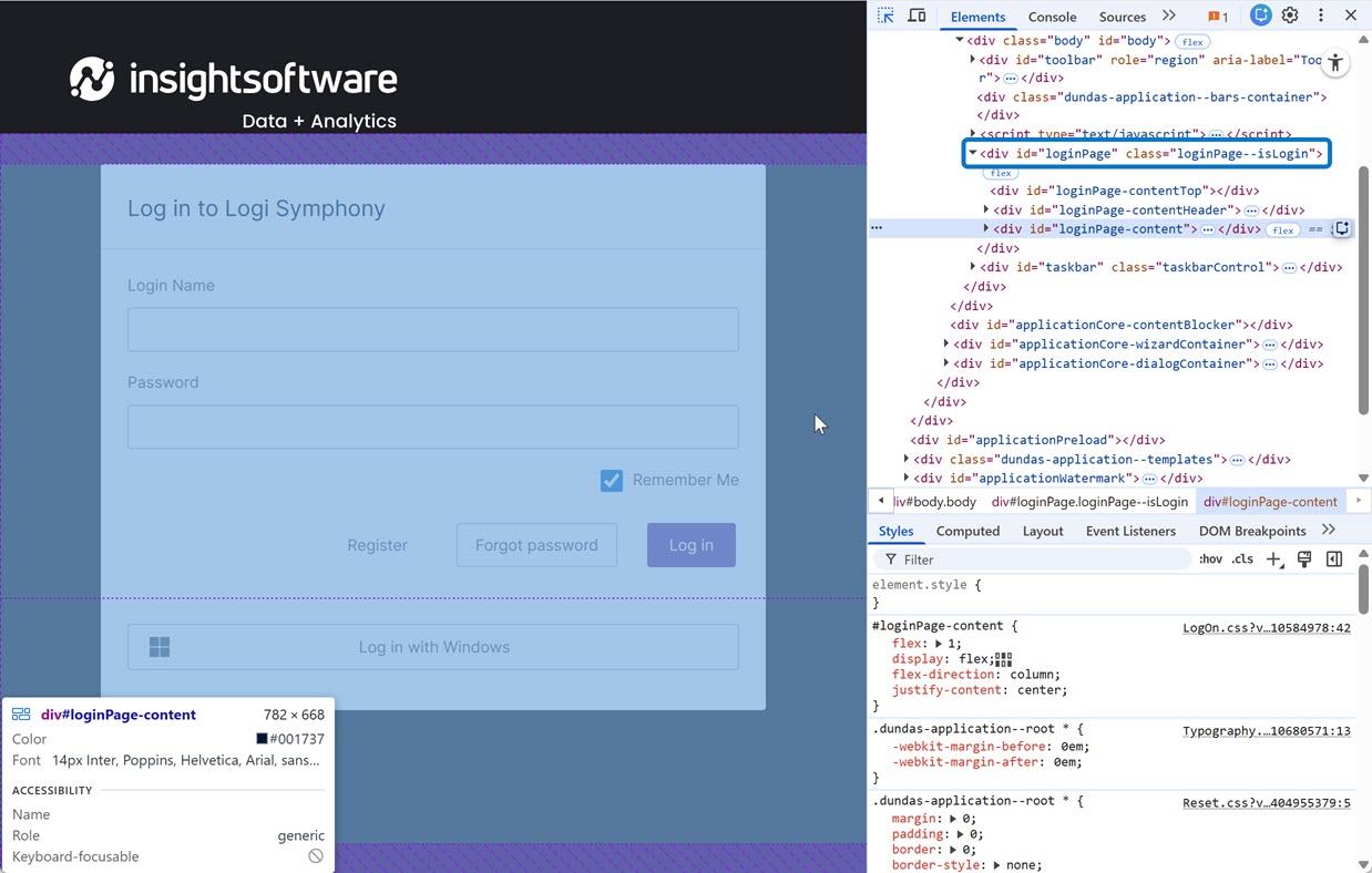 Login page content selected