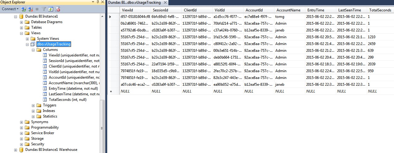 The database view containing the tracking data (SQL Server Management Studio)