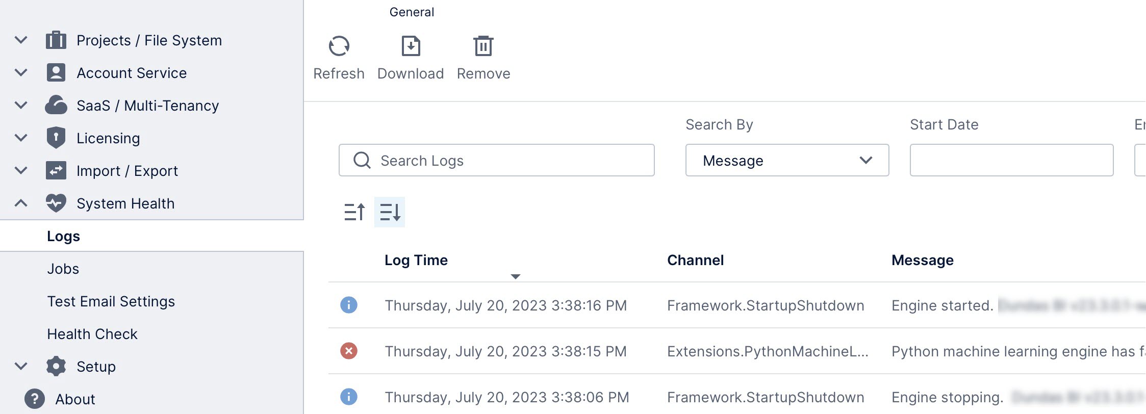 Viewing the application log