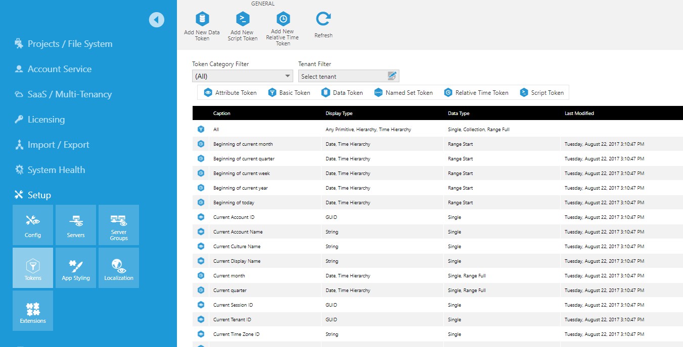The Tokens setup screen