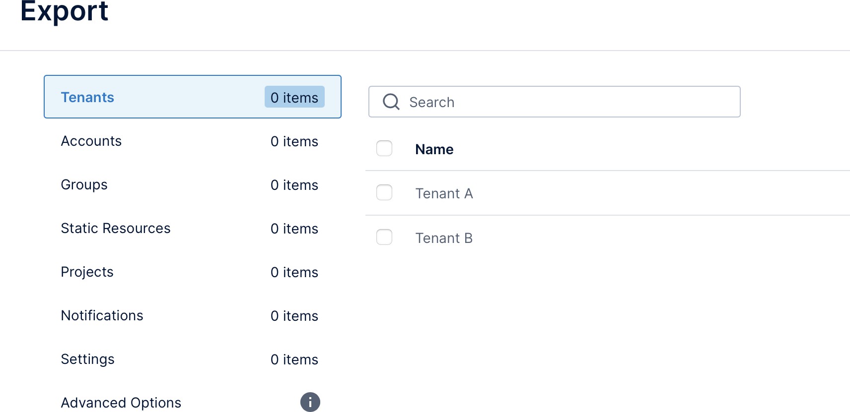 Select tenants to export 