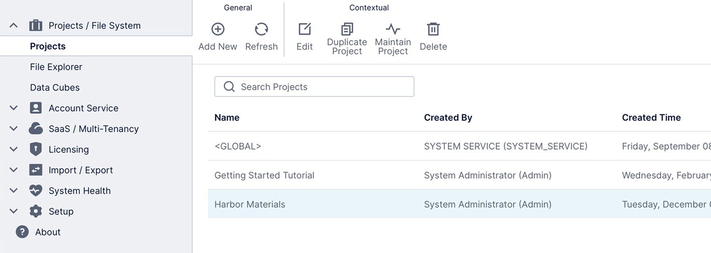 Selecting a project in the Projects screen
