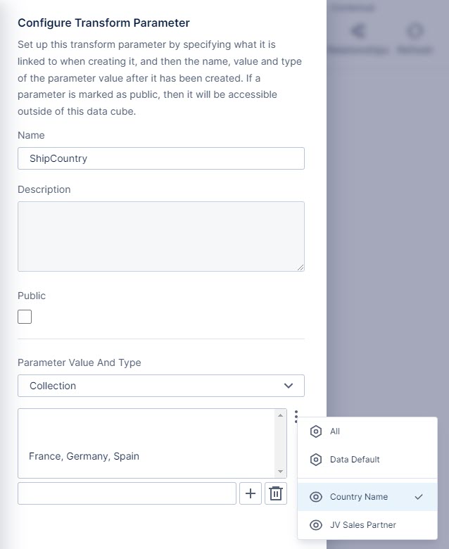 use this work area to configure settings for your transform parameter