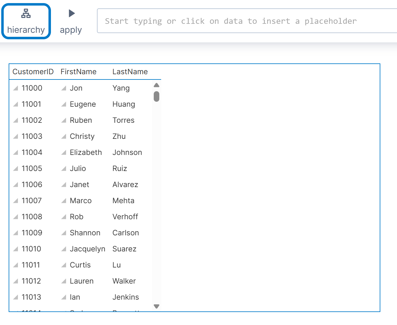 Formula bar with the hierarchy option active