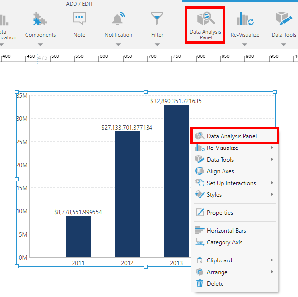 Open the Data Analysis Panel from the toolbar or context menu