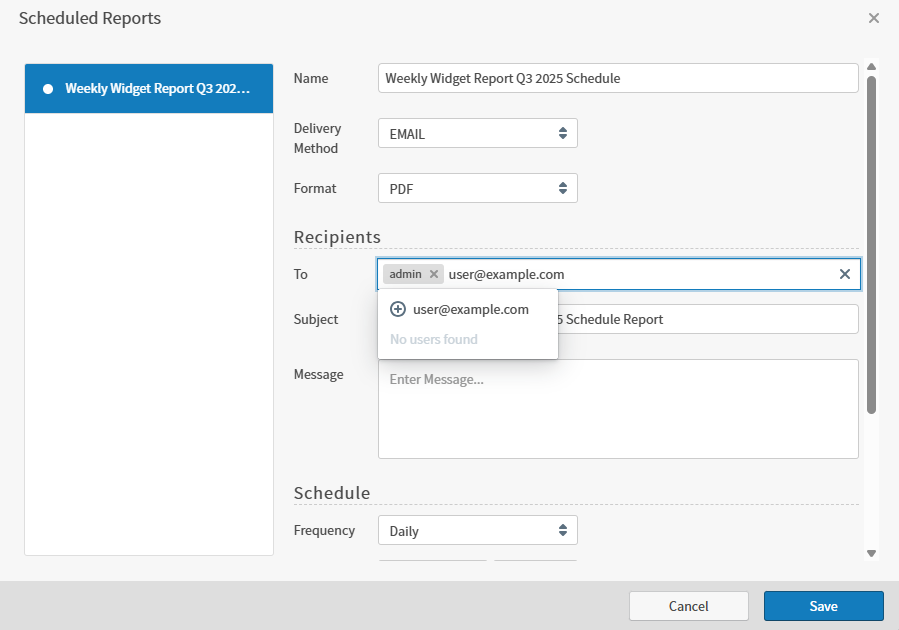 Use this work area to schedule self service and dashboard reports
