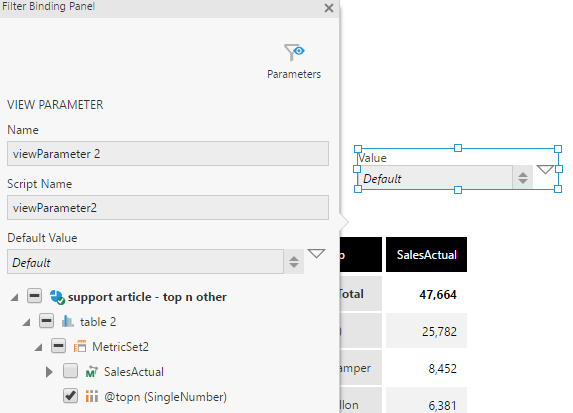 Connect the Single Number filter to the @topn parameter